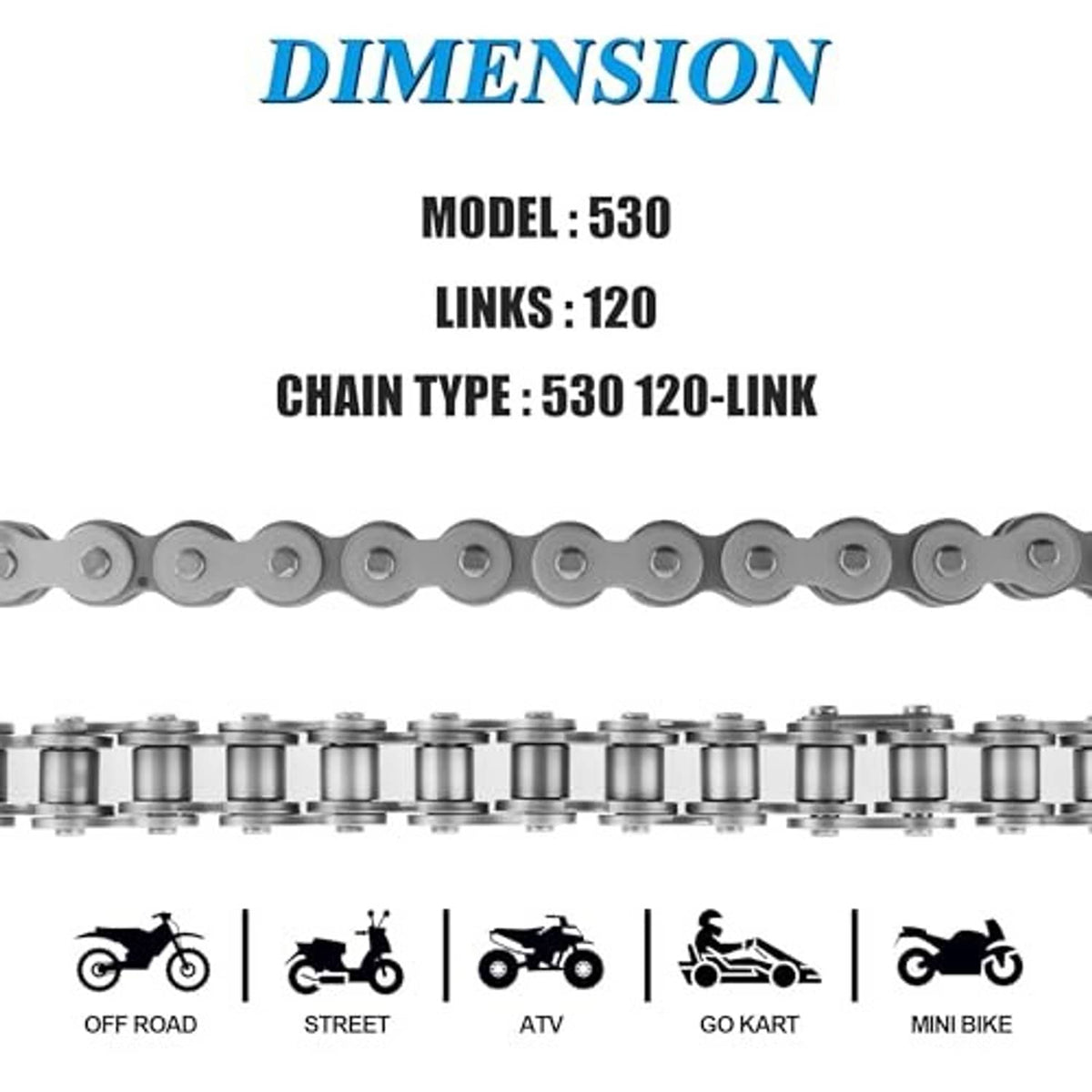 Motorcycle drive chain with light gray 120 links, model 530 chain type