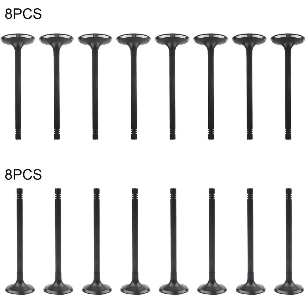 Engine valves, eight black stems with round metal faces, intake/exhaust replacement set