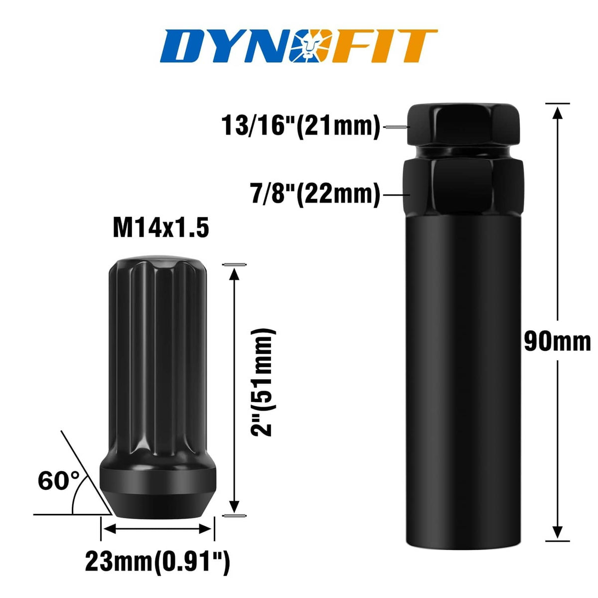 Dynofit M14x1.5 black lug nut dimensions, 60° cone seat, 90mm height