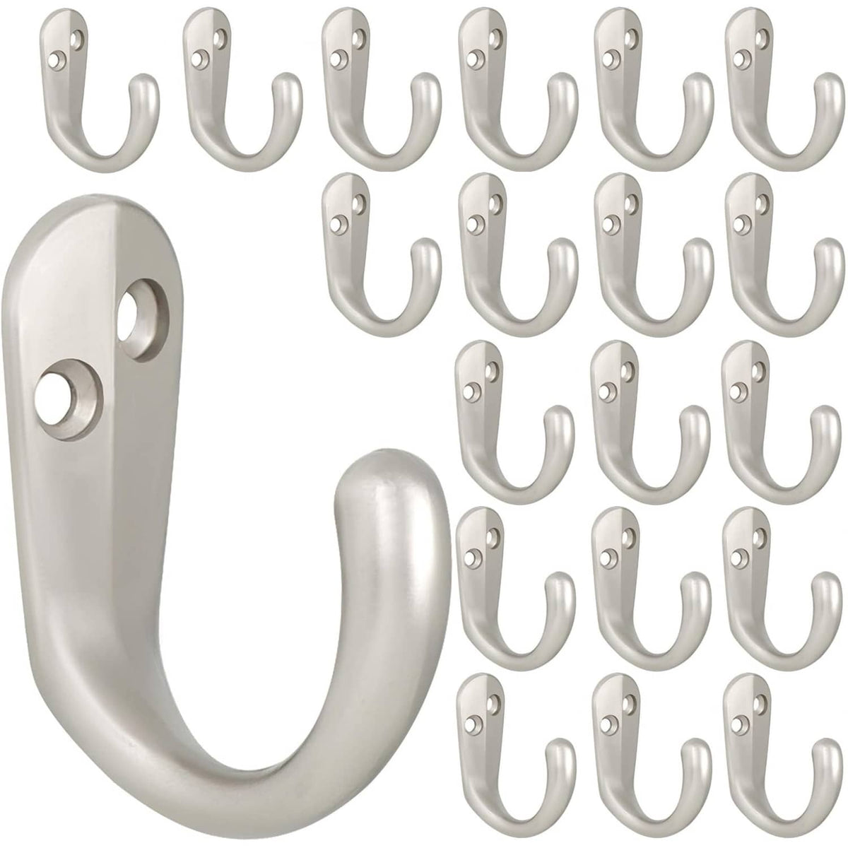IBosins wall-mounted coat hooks, 20-pack, single-prong silver hooks with mounting plates