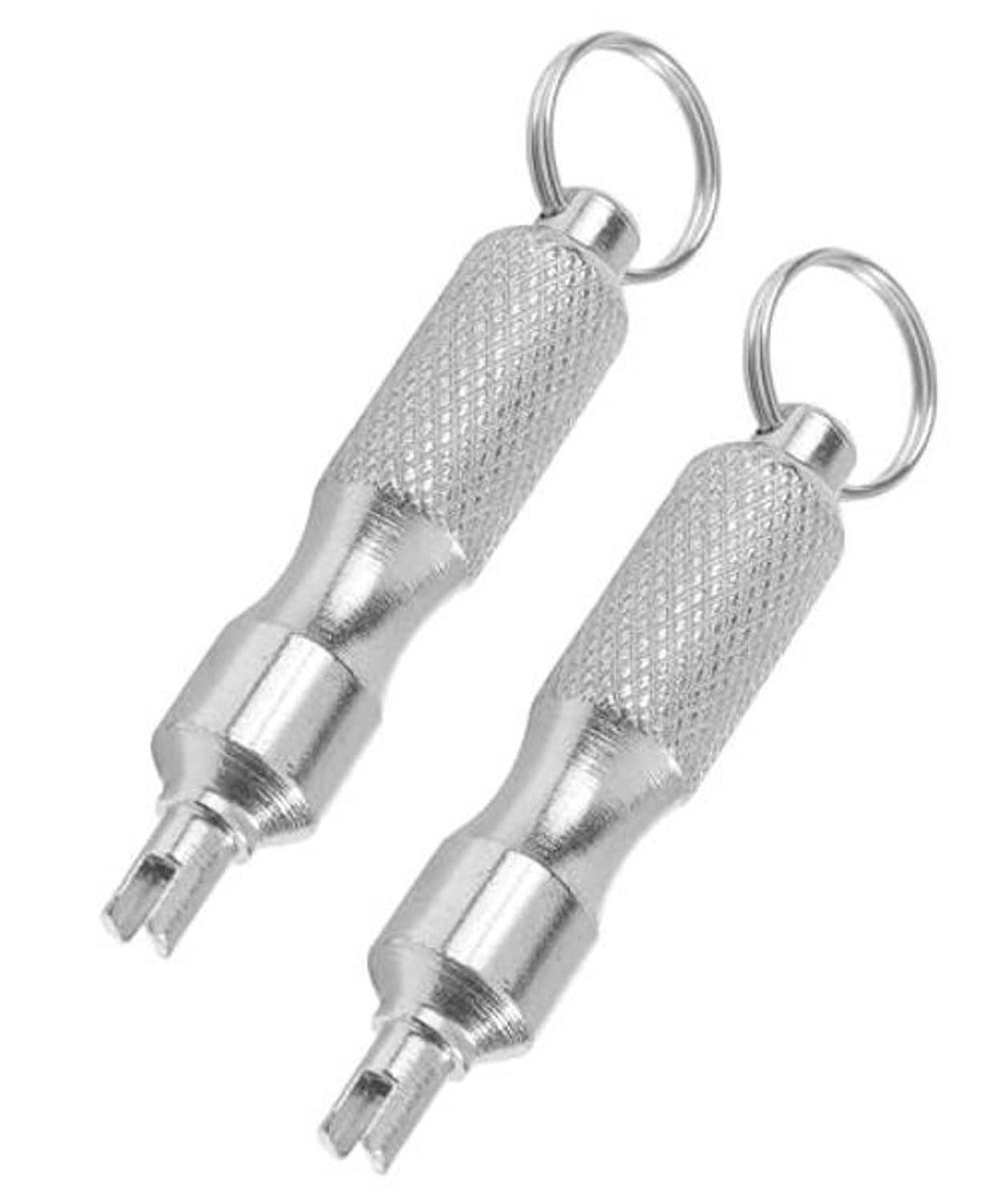Pair of valve core removal tools with knurled grips and pointed metal tips