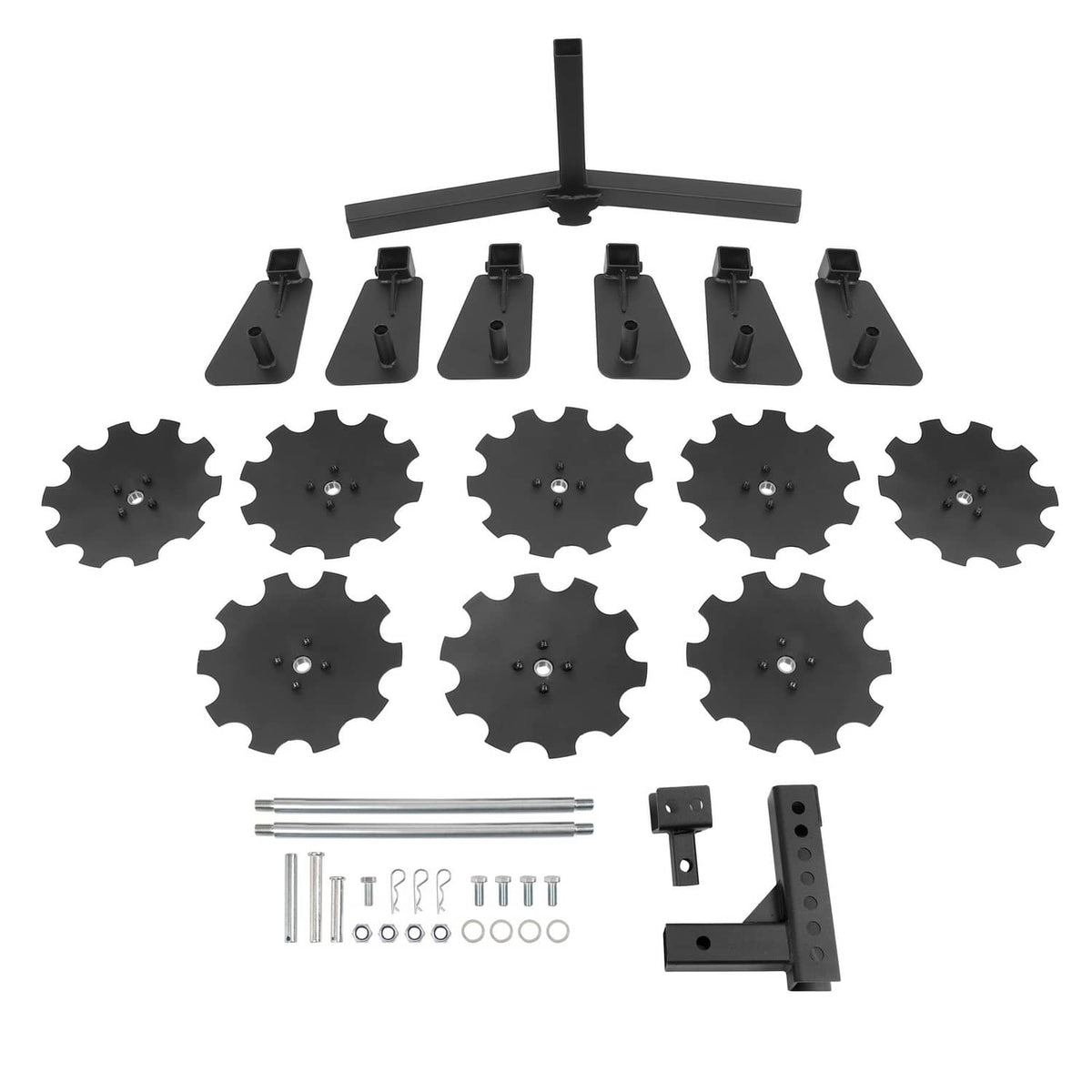 Disc harrow parts set: steel discs, frame brackets, and bolts for mounting