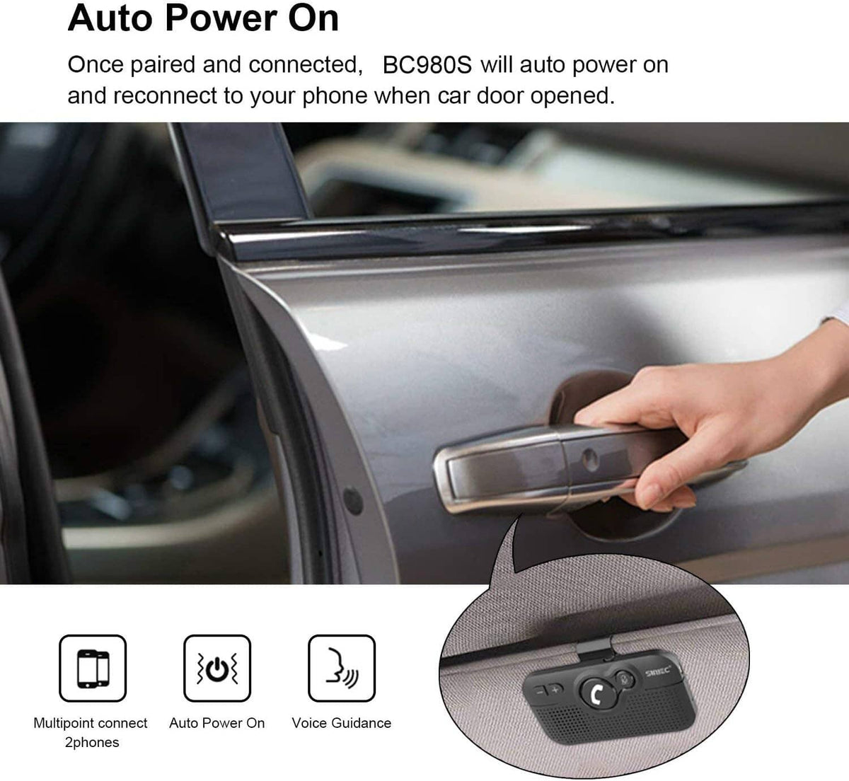 Black Bluetooth car handsfree speaker on visor mount with control buttons