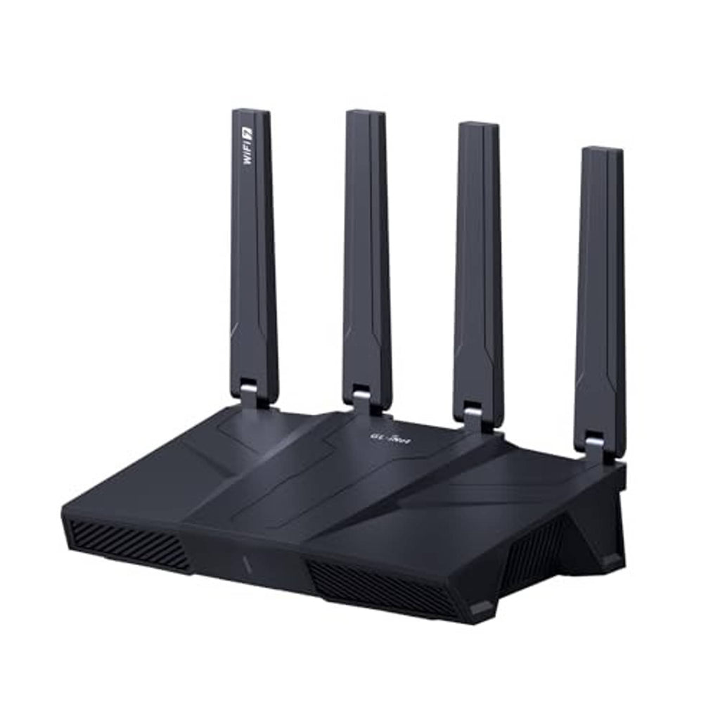 Tri-band WiFi 7 home router, dark with four standing antennas, angled view