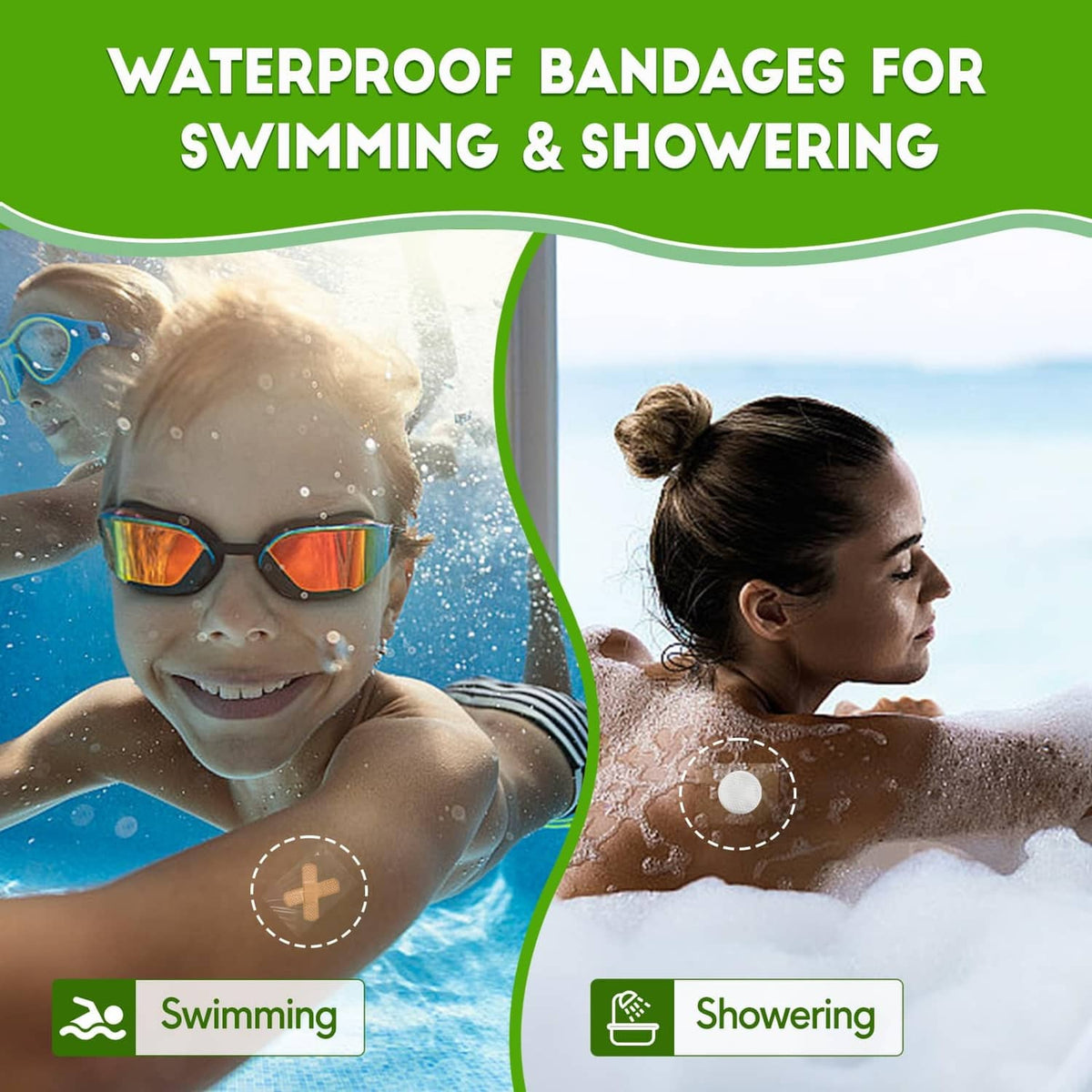 Waterproof transparent bandage on skin for swimming and showering