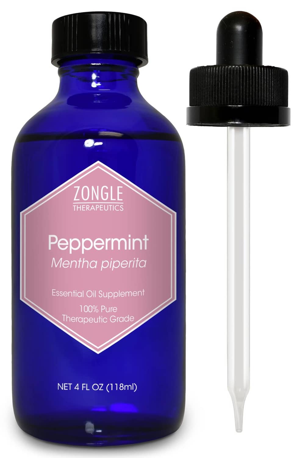 Blue essential oil bottle with black cap and dropper, front label