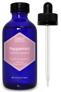 Blue essential oil bottle with black cap and dropper, front label
