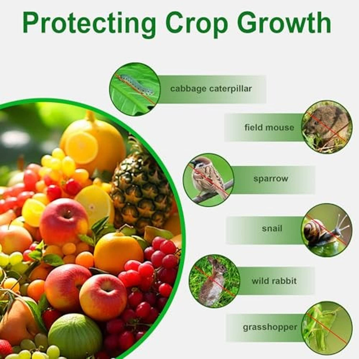 Garden mesh netting protection graphic with small pest and bird icons