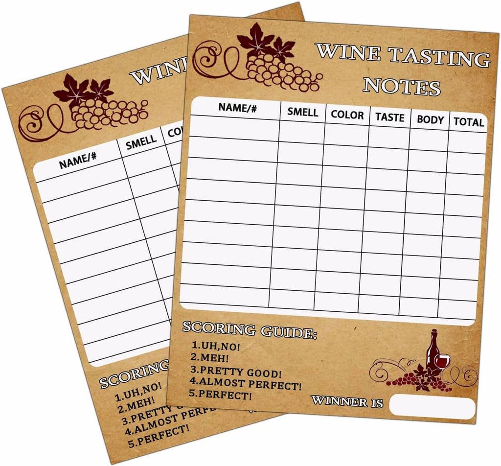Wine tasting notes scorecard set: two tan cards with tasting grid and bottom scoring guide.