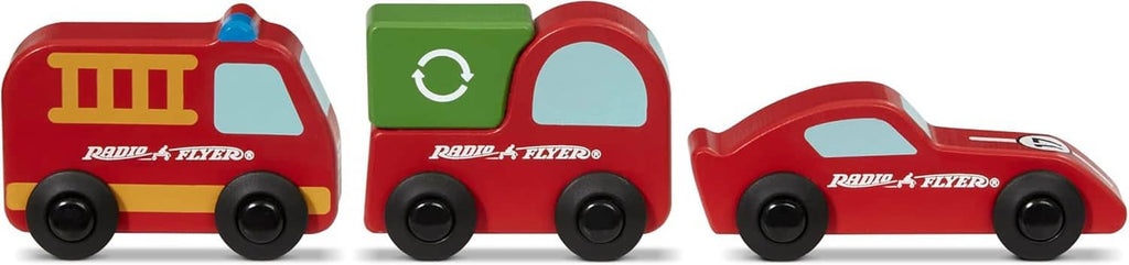 Red ride-on delivery van toy for toddlers, green cab panel and black wheels