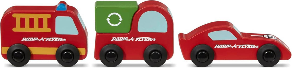 Red ride-on delivery van toy for toddlers, green cab panel and black wheels
