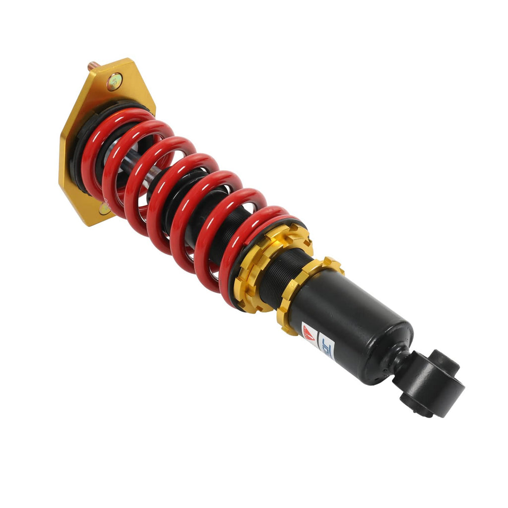 Coilover shock absorber assembly with red spring and gold upper bracket