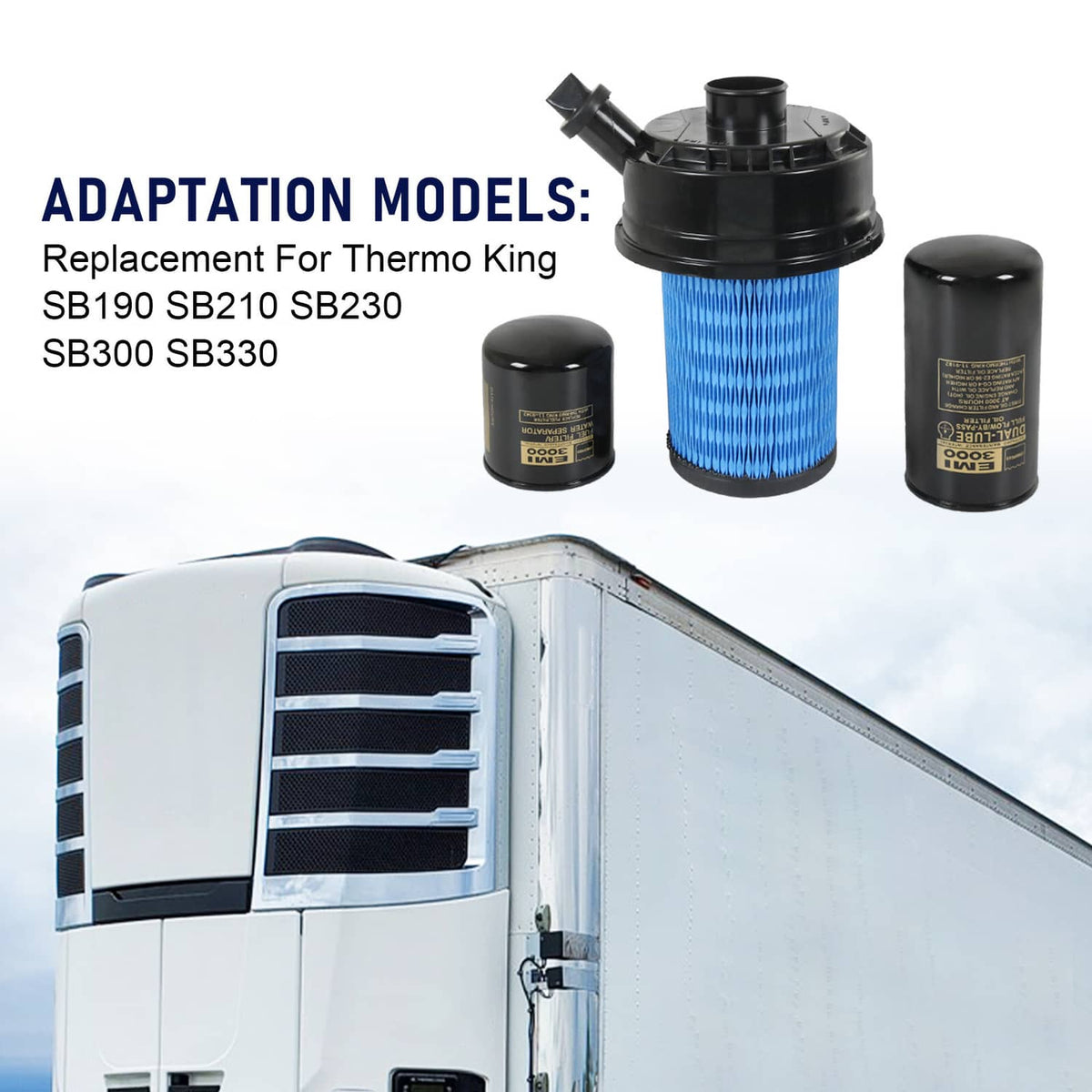 Thermo King compatible filter kit with blue air filter and two black cartridges