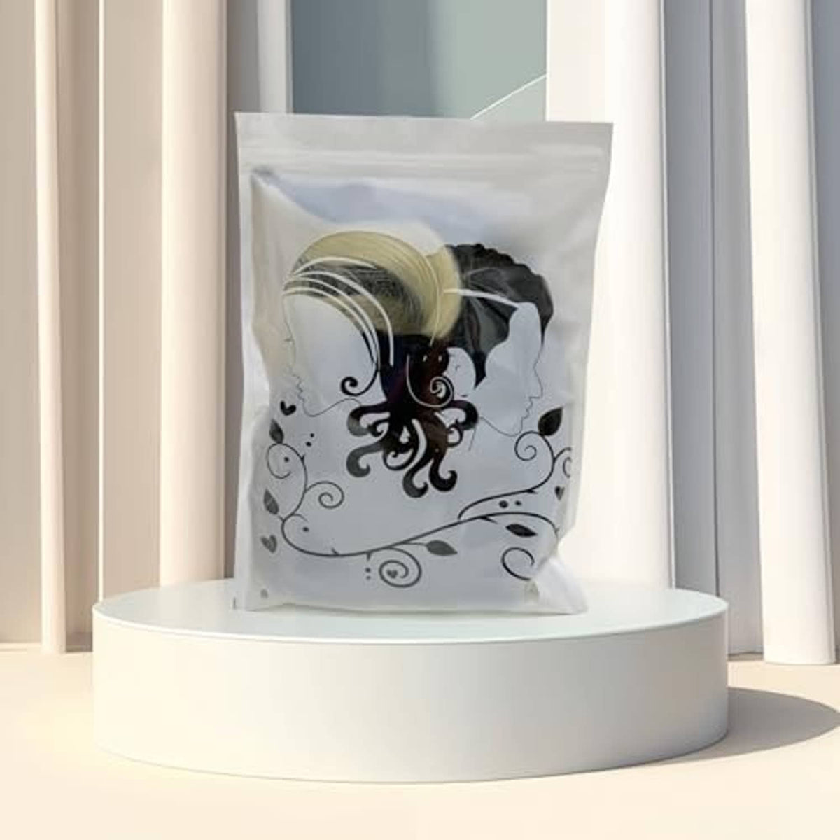 Wig hair piece inside protective bag, short blonde style