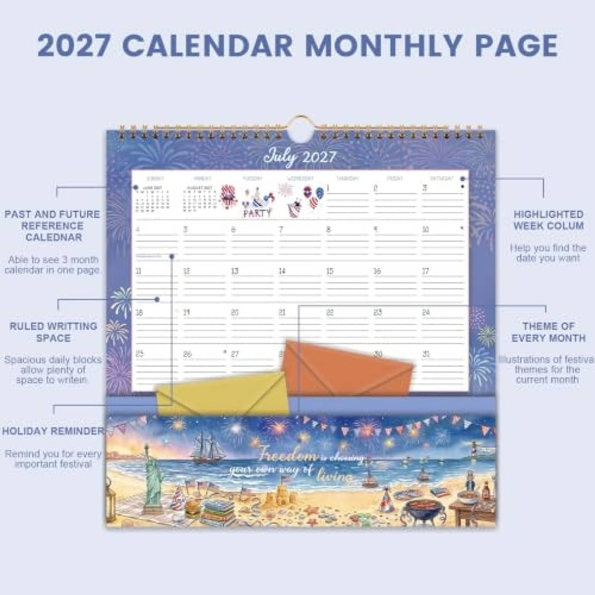 Blue July 2027 wall calendar page with a storage pocket, gold spiral binding, and grid layout