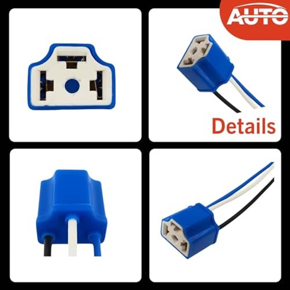 H4 female connector details collage showing blue housing, pins, and wire leads