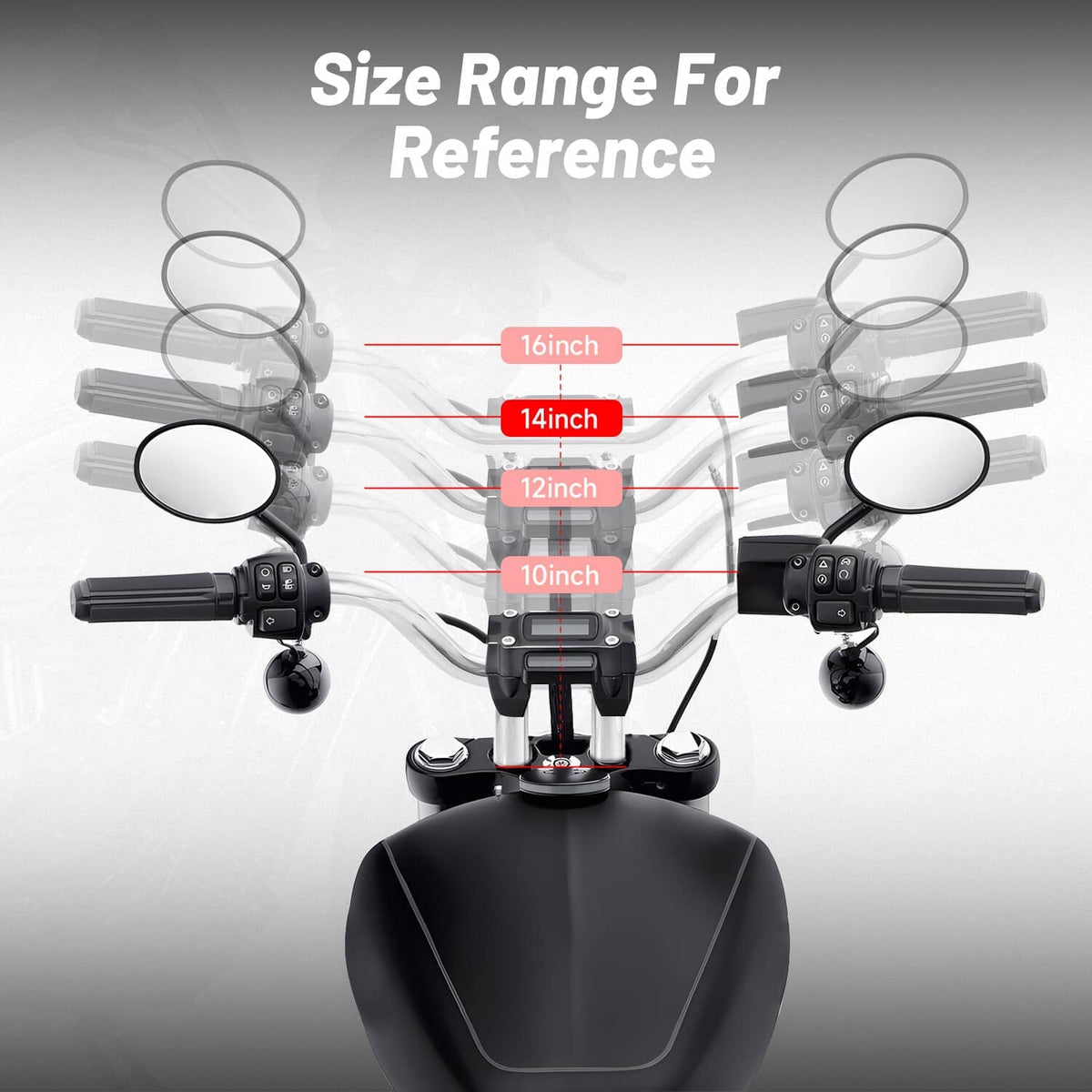 Chrome 14-inch T-bar handlebar with size reference markings for fitment
