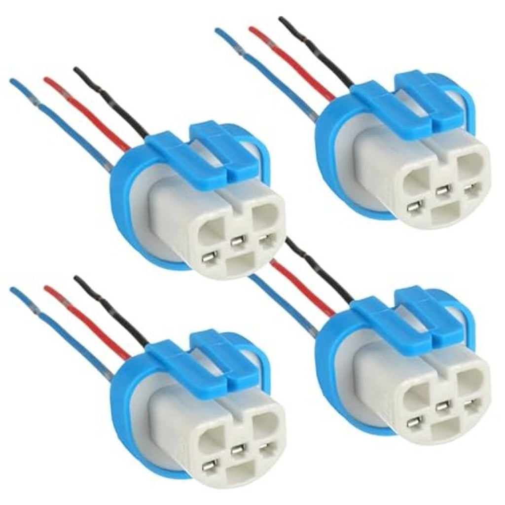 Set of 4 headlight wiring harnesses with blue 3-pin plugs and red/blue/black wires