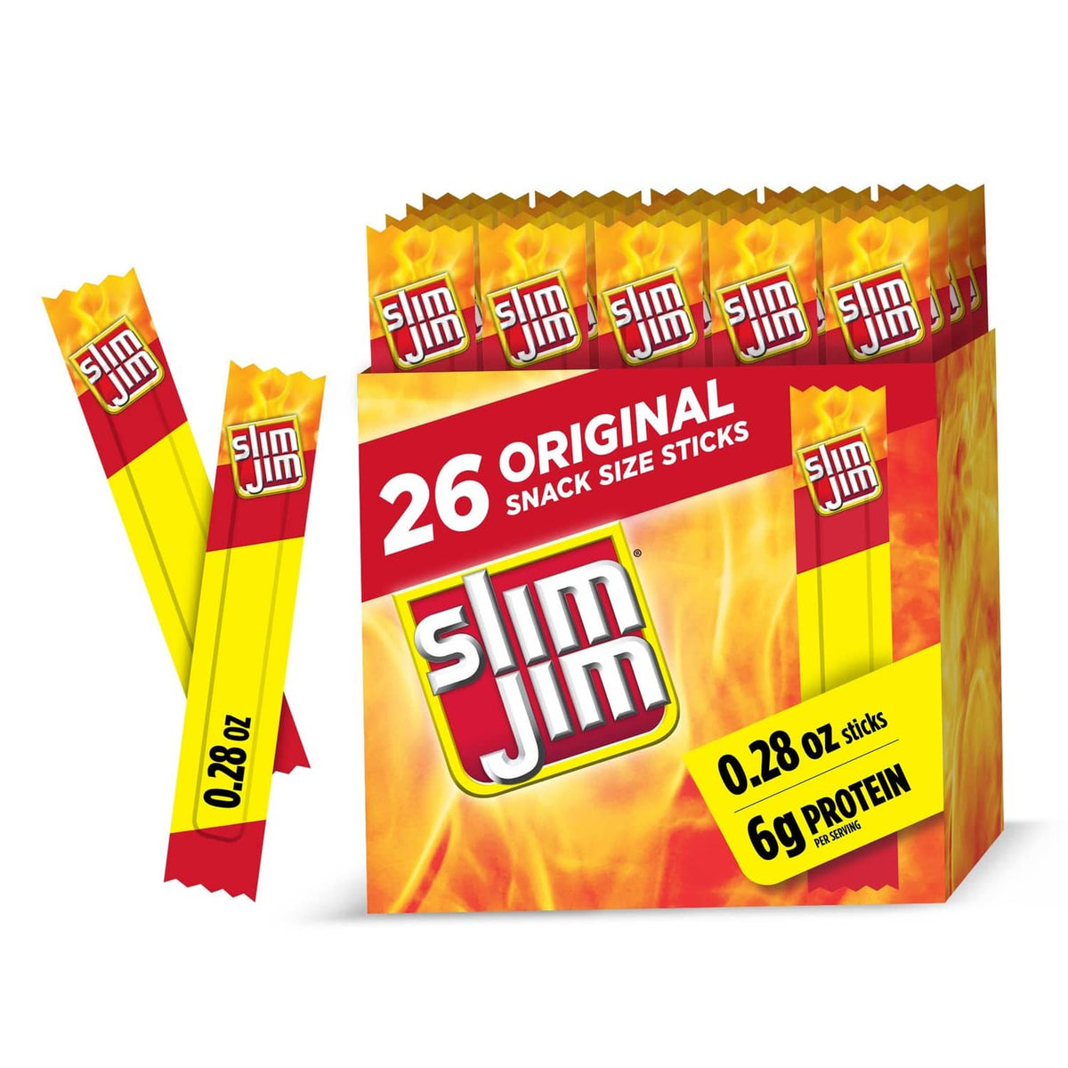 Slim Jim Original snack size smoked meat sticks box with 26 sticks and 6g protein callout
