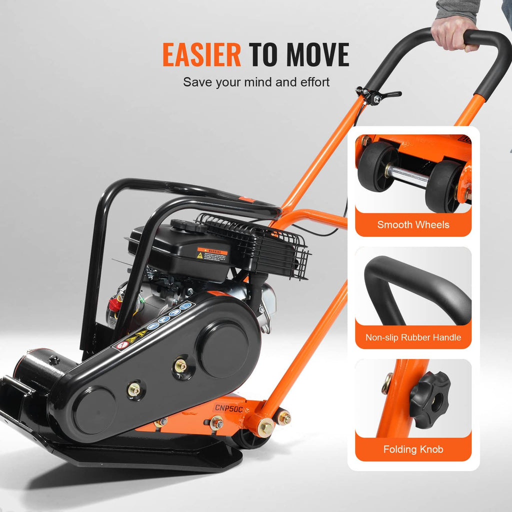 Compact plate compactor with folding handle, smooth wheels, and non-slip grip