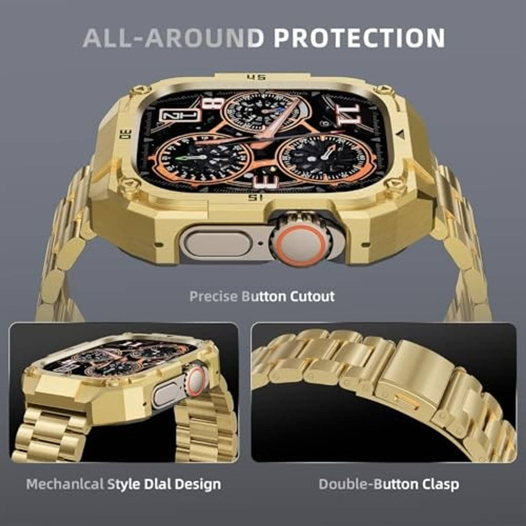 Gold-tone smartwatch case with black face, precise side cutout and double-button clasp