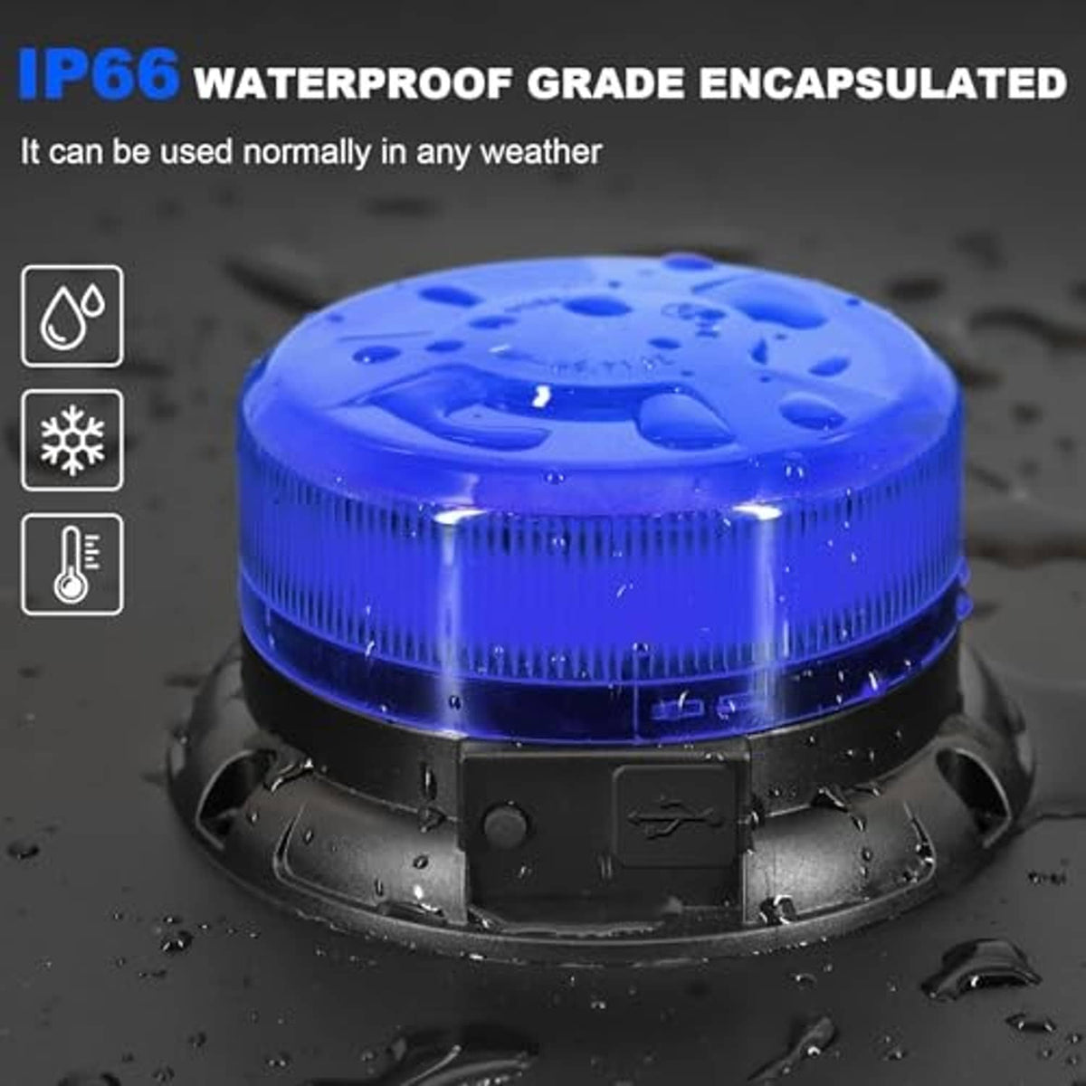 Blue LED strobe beacon light with waterproof sealing, droplets on black base