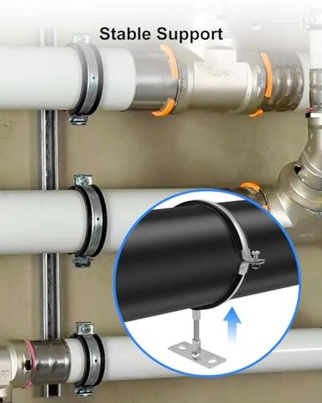 Installed adjustable pipe hanger bracket holding a dark ventilation pipe with black split ring