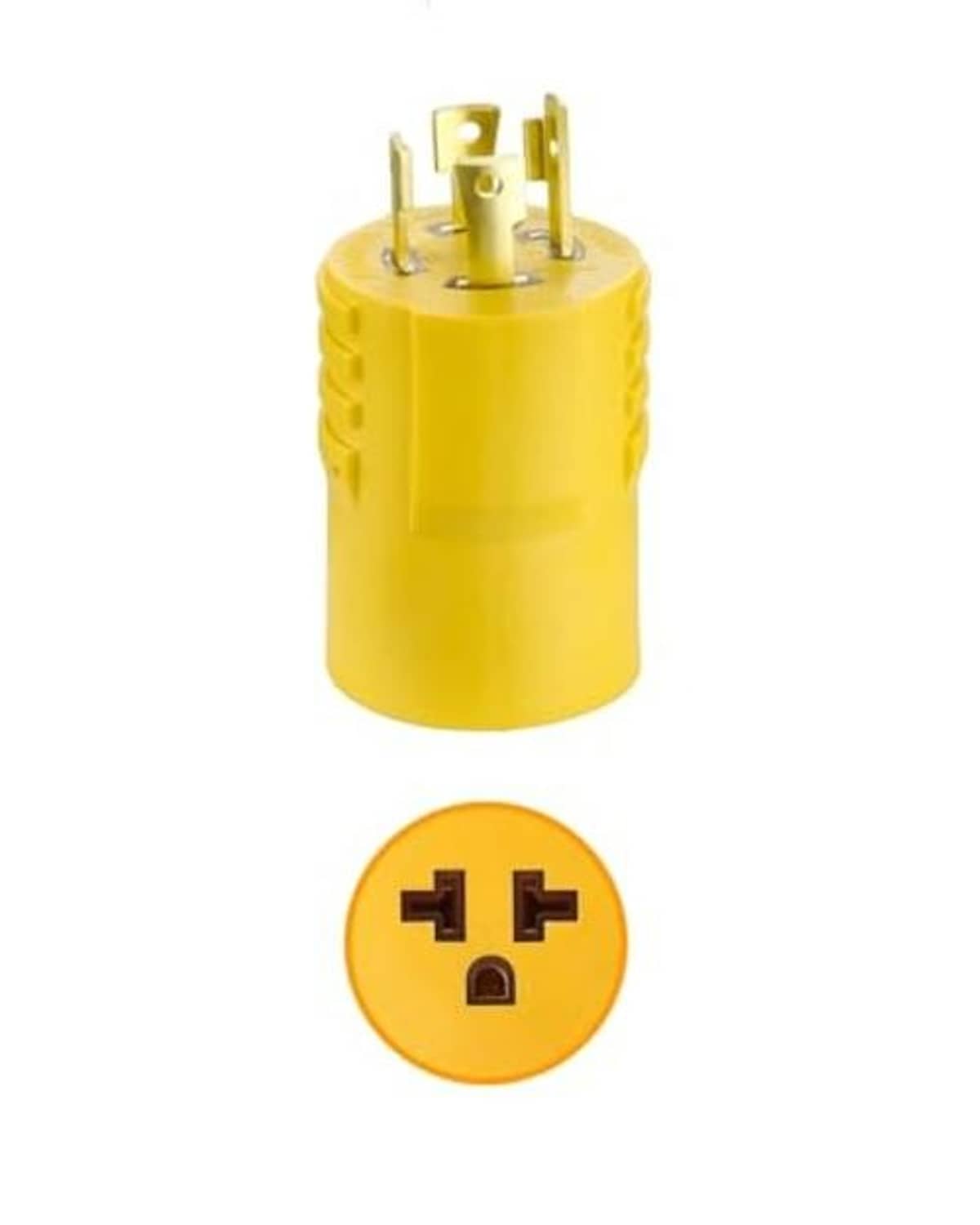 Yellow twist-lock adapter plug face with four slots and center grounding hole
