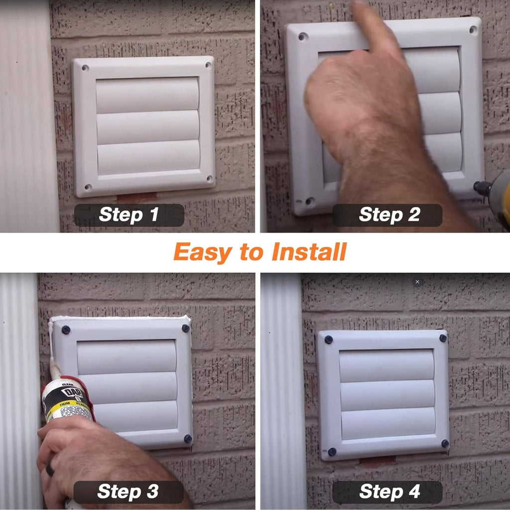 White dryer vent cover installed on exterior wall with louvered front