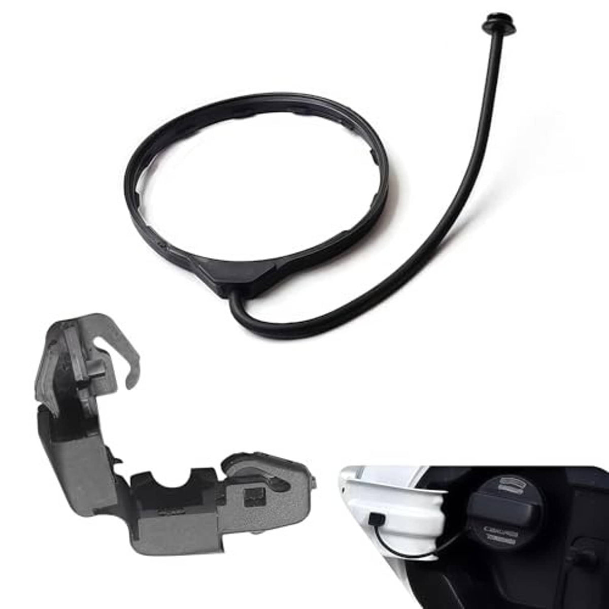 Fuel filler cap rope tether kit with clip, black rubber loop and gray latch assembly