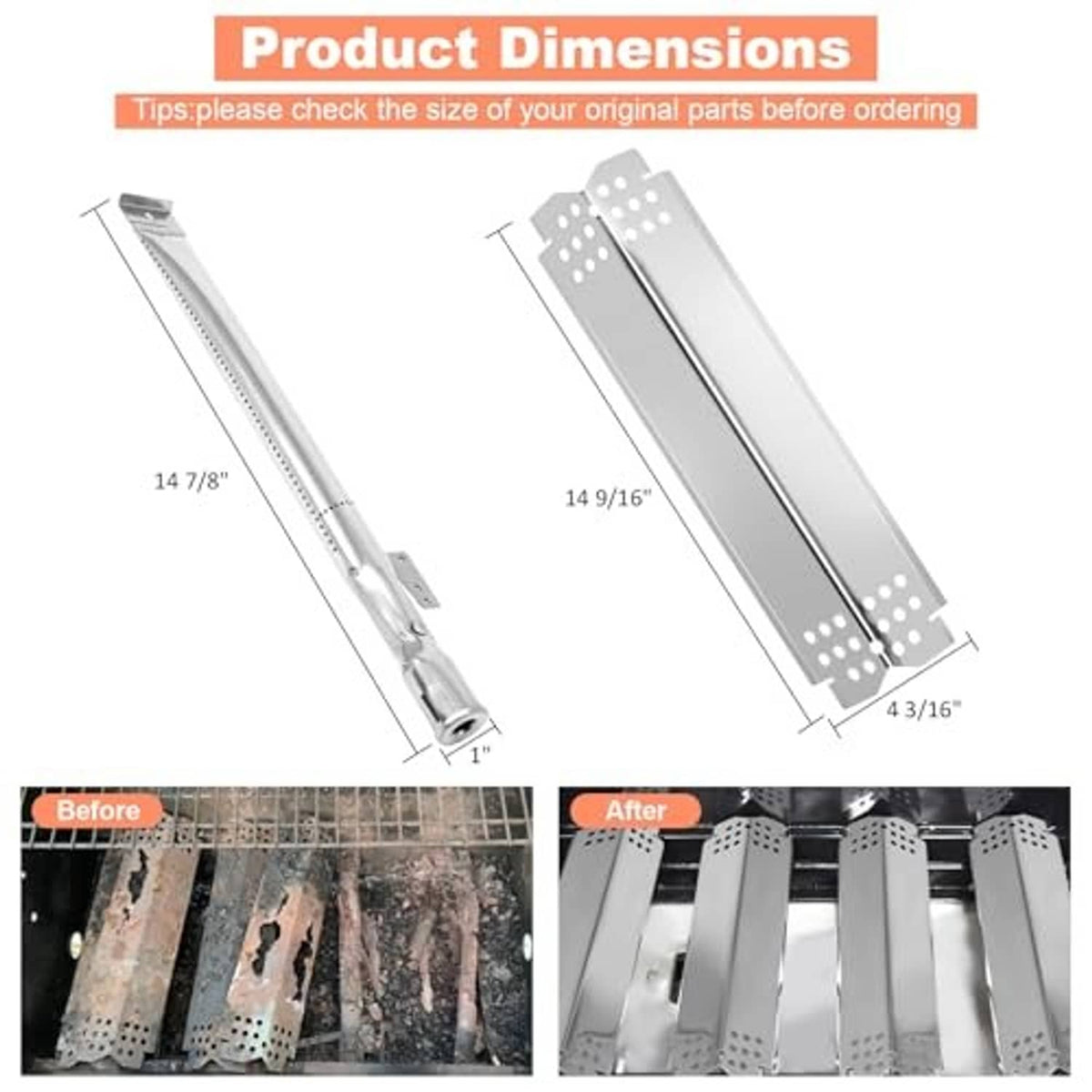 Replacement heat plate and burner tube set with dimensions for grill parts kit