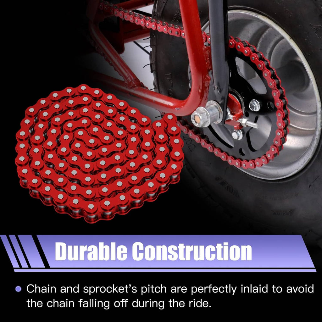 Red 420 chain wrapped on black rear sprocket with mini bike wheel detail