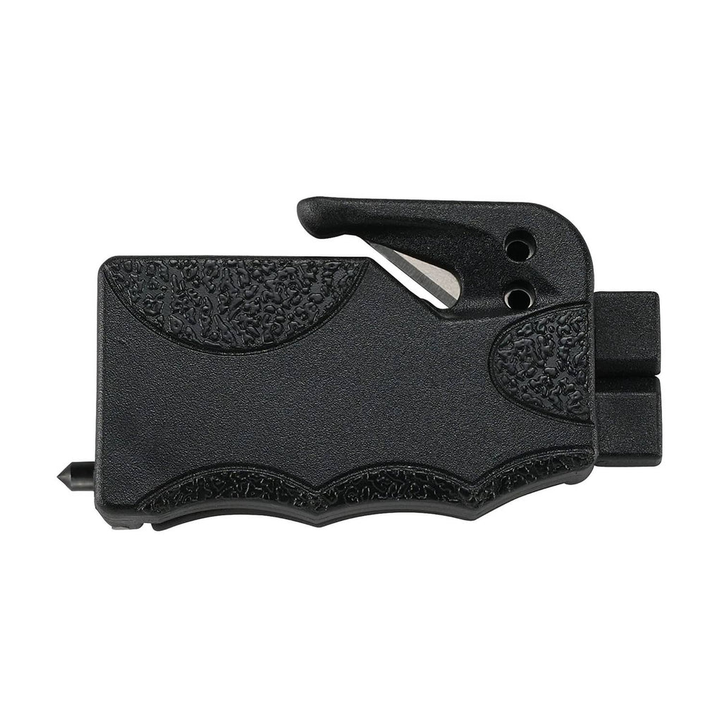 Black emergency seatbelt cutter with blade opening and mounting tabs