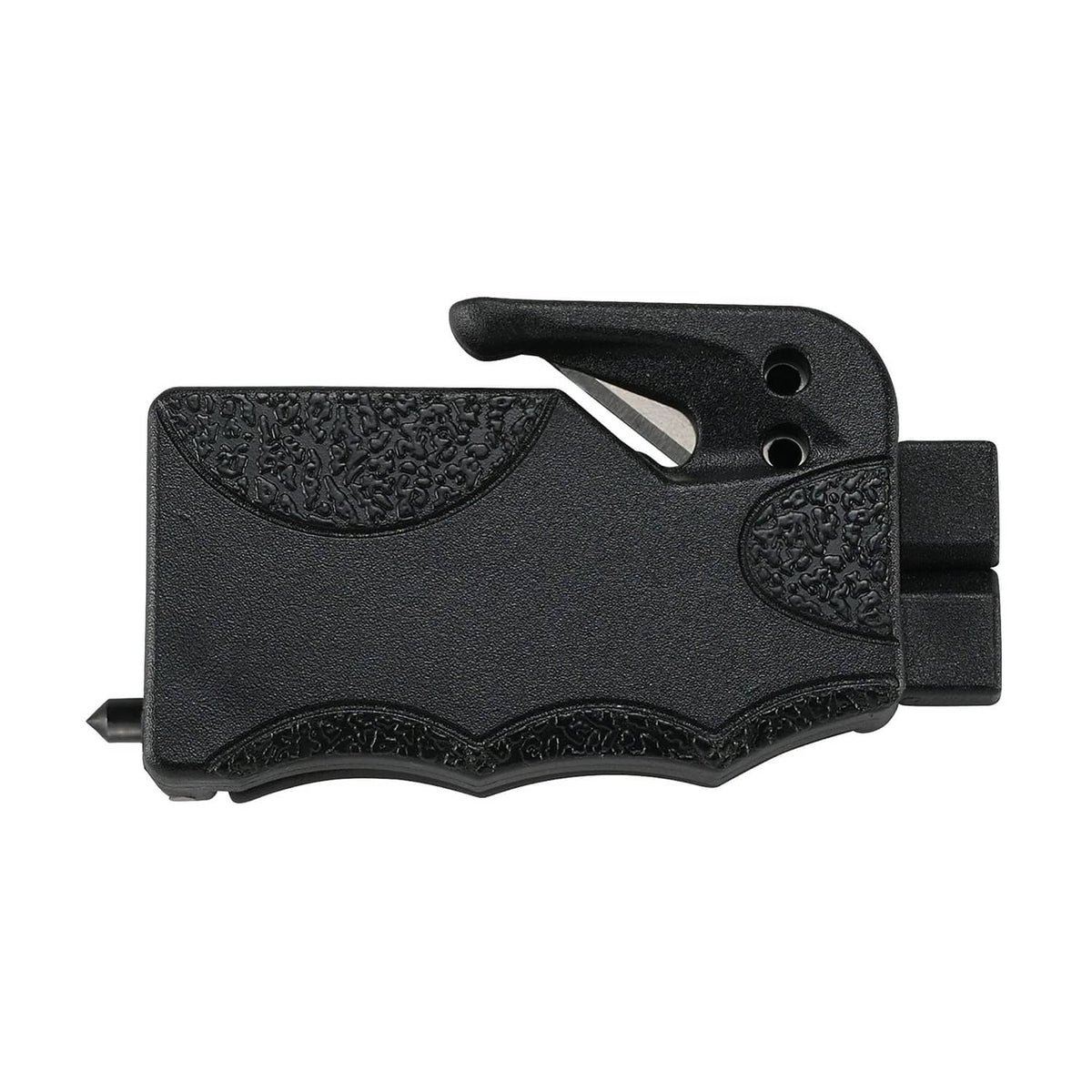Black emergency seatbelt cutter with blade opening and mounting tabs