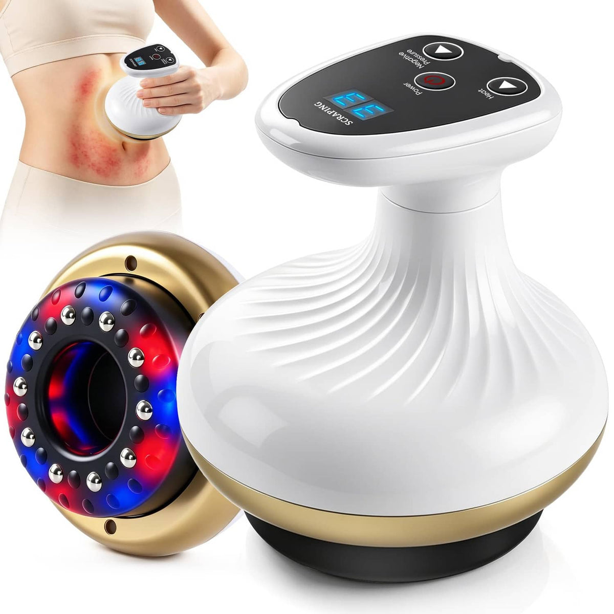 White and gold heated cupping massage device with handheld controller