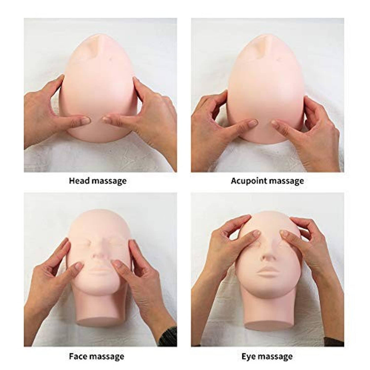 Beige massage mannequin head with hands performing face and eye massage