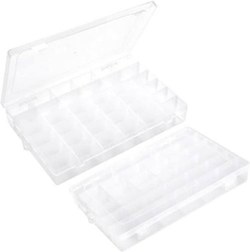Clear plastic storage box with hinged lid and 36-grid divided interior.
