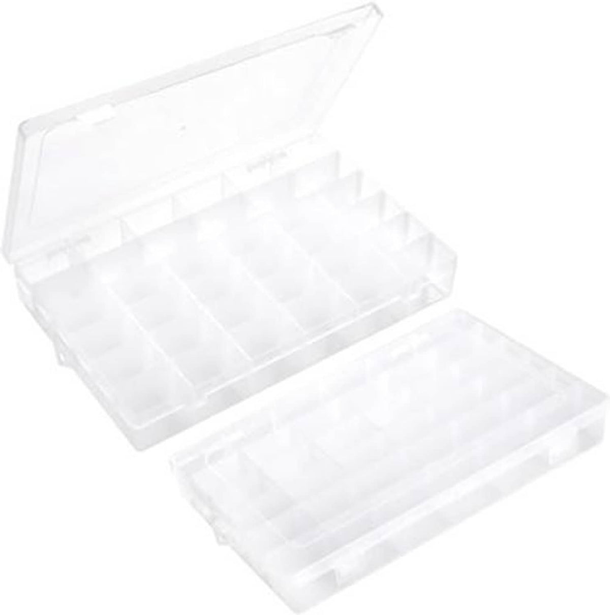 Clear plastic storage box with hinged lid and 36-grid divided interior.