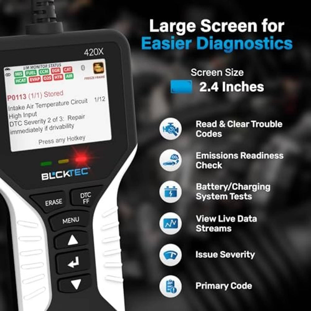 OBD2 scanner close-up with backlit screen and ERASE, MENU, and arrow buttons