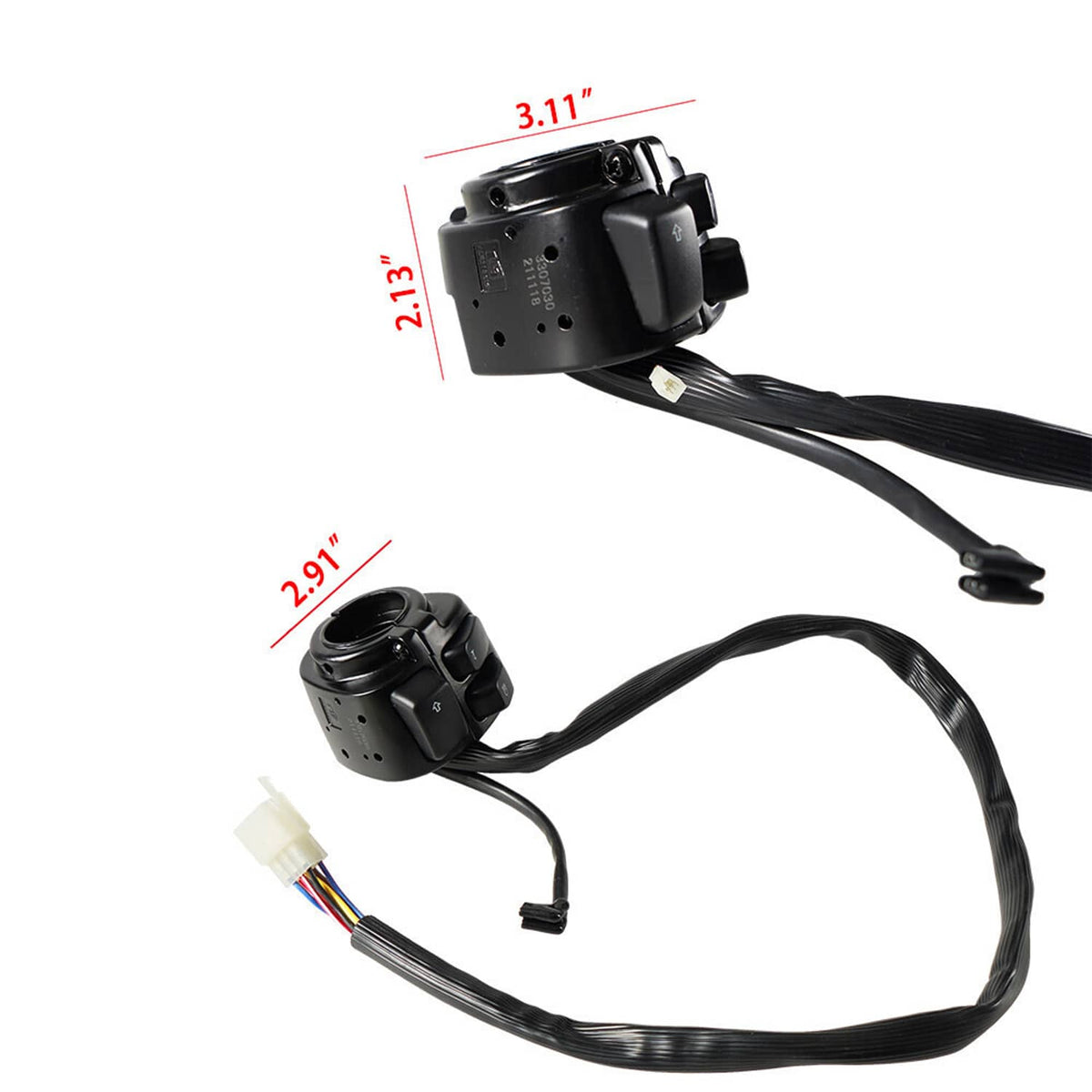 Black handlebar switch housing with attached wiring harness and cable lead