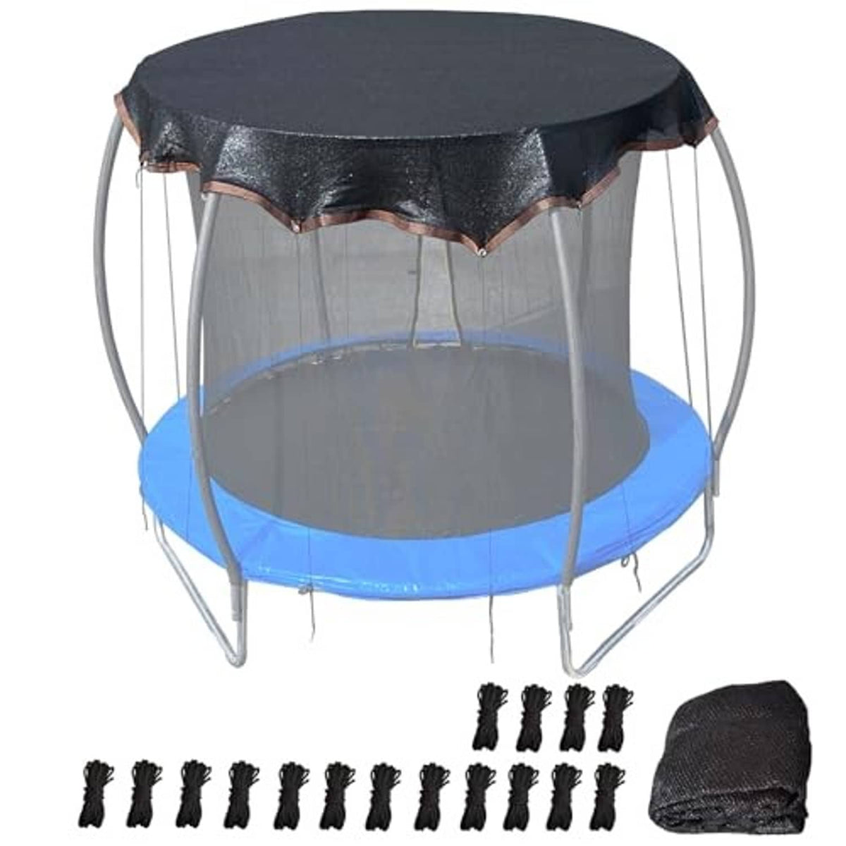 14ft round trampoline shade cover bundle, dark mesh canopy, straps, and storage bag