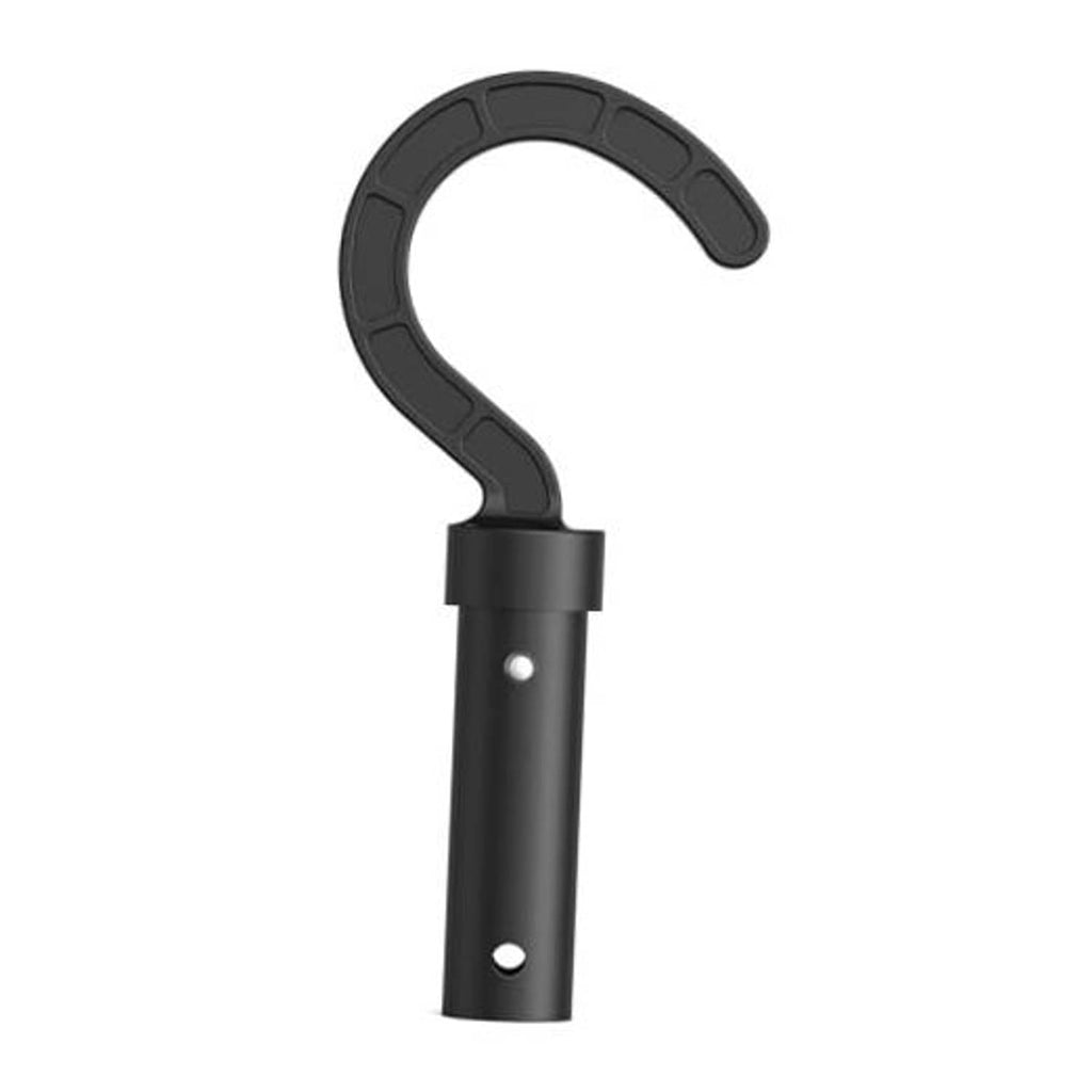 Black U-shaped pool cleaner hook with a straight grip handle and two mounting holes