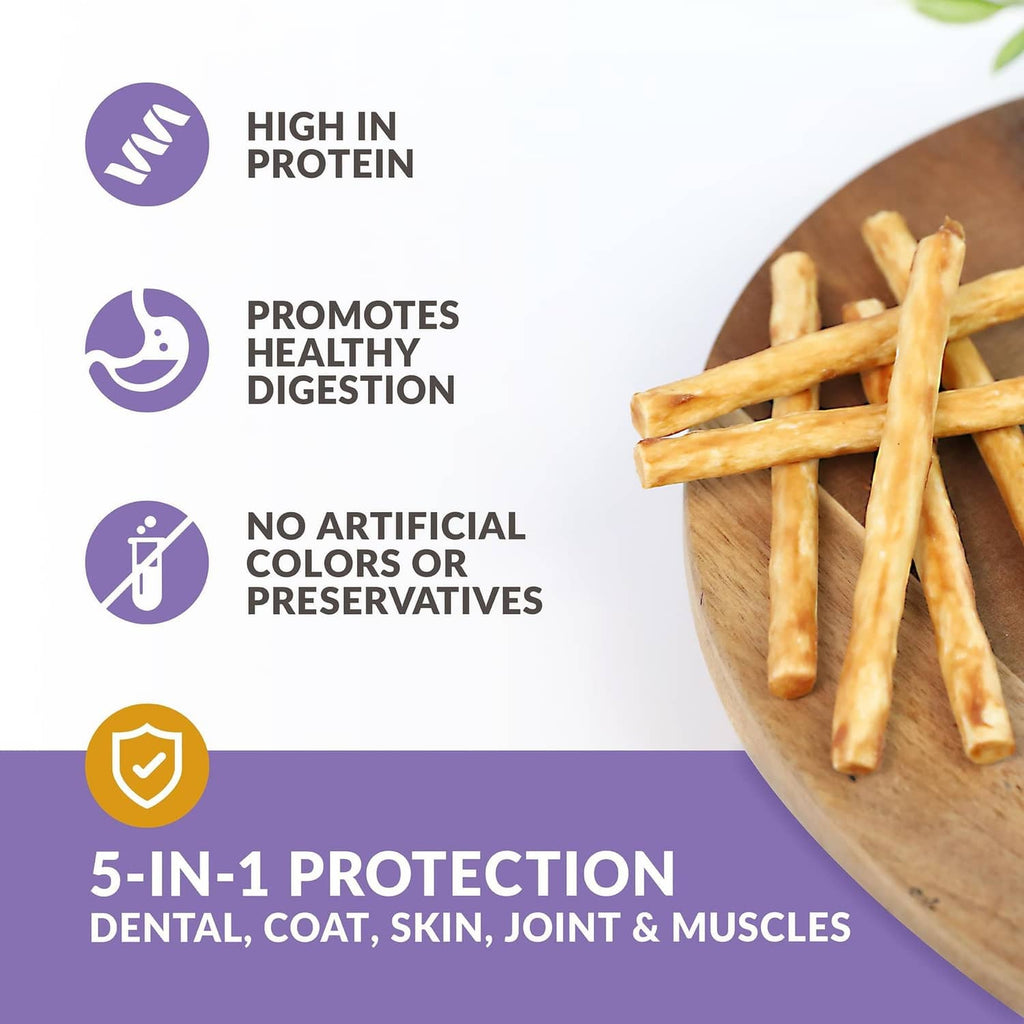 Wild Eats collagen duck sticks package panel with icons and chew sticks