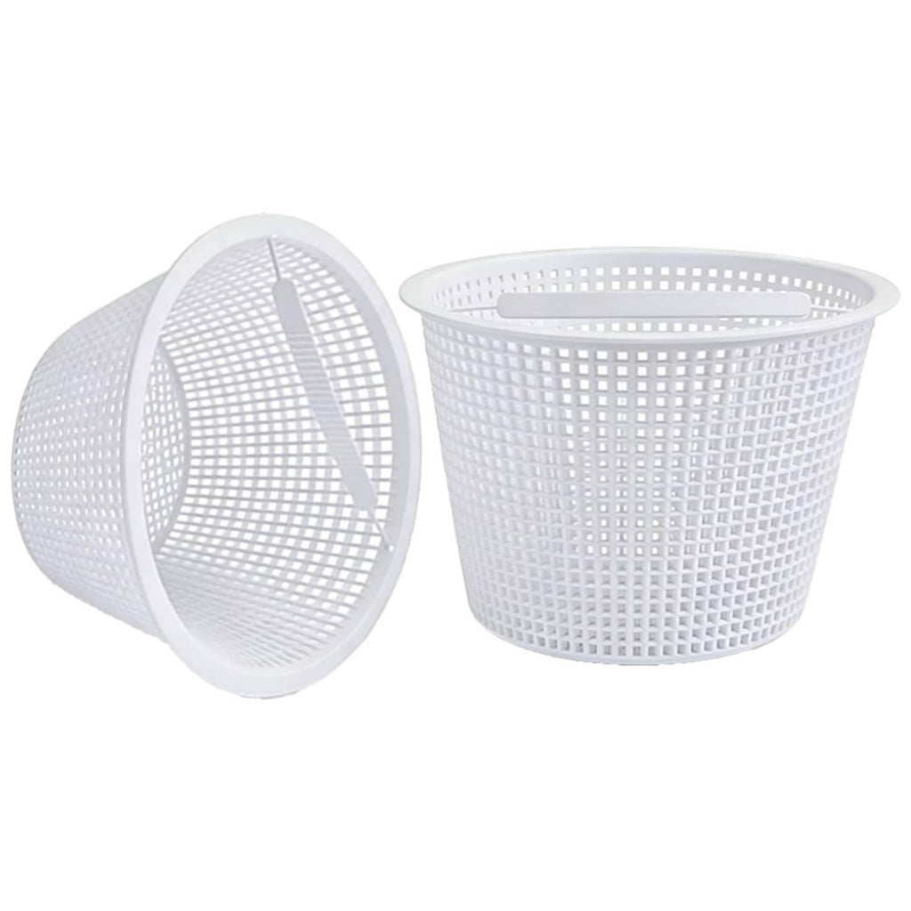 White pool skimmer basket set with handle, round mesh basket and hinged lid