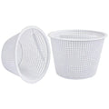White pool skimmer basket set with handle, round mesh basket and hinged lid