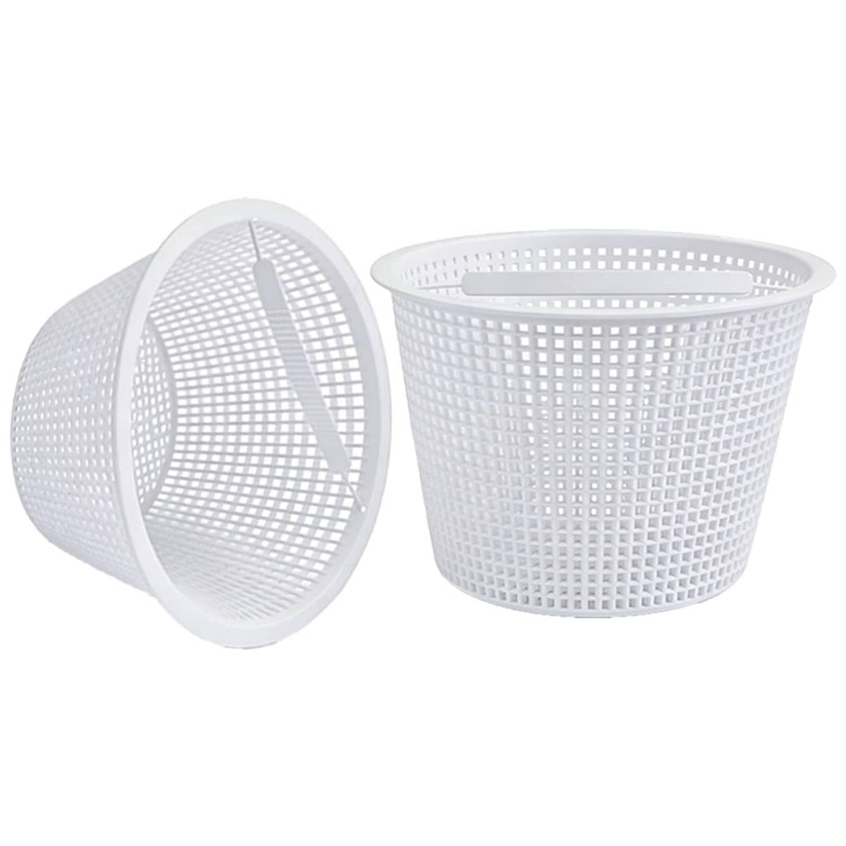 White pool skimmer basket set with handle, round mesh basket and hinged lid