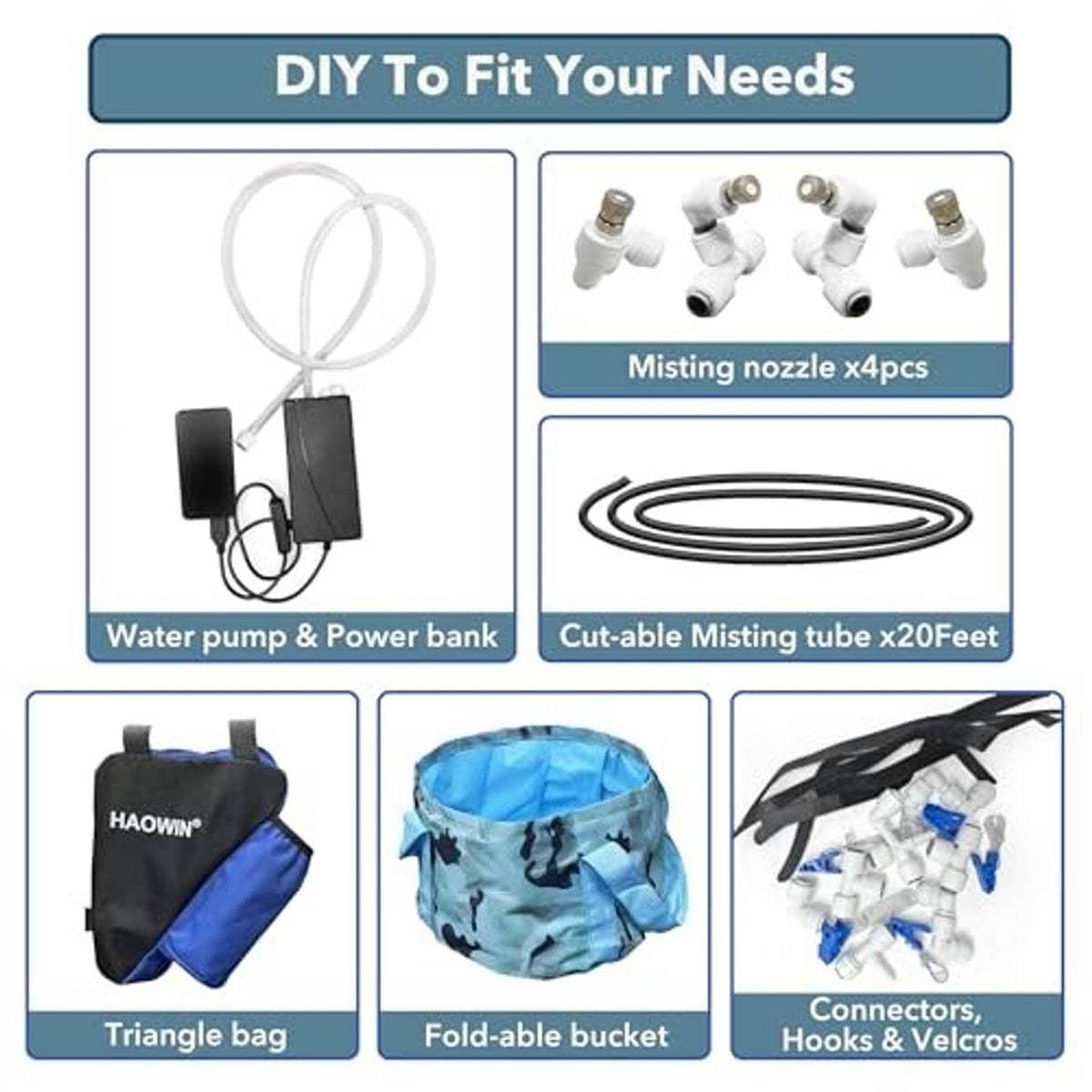 Misting system kit diagram: water pump, power bank, misting nozzles, cut-to-fit tube