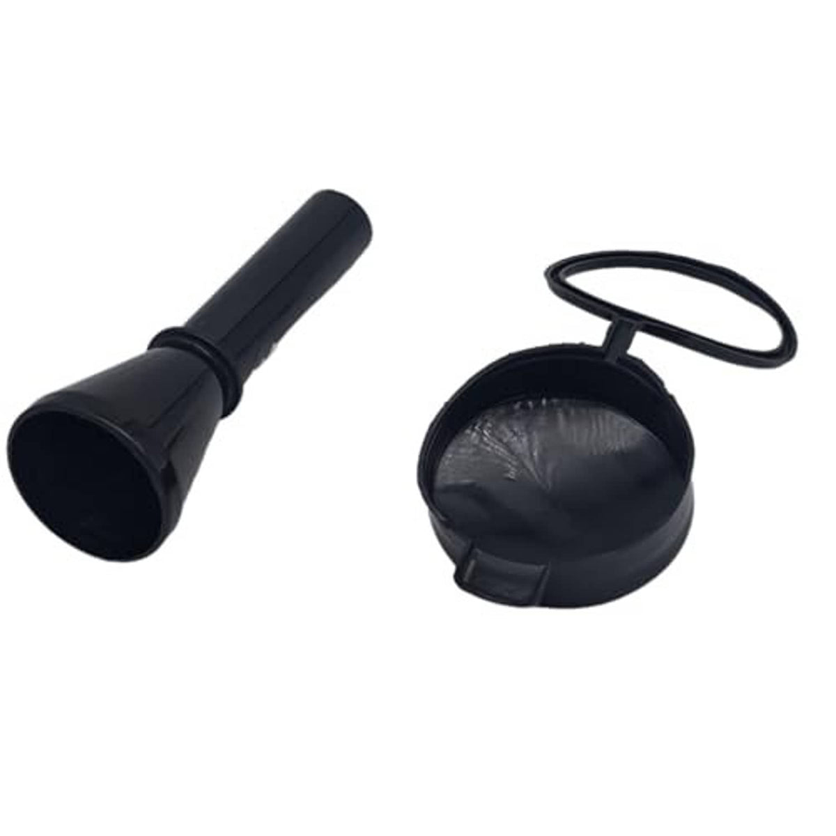 Tethered capless gas cap funnel with open dust cover, ready for refueling