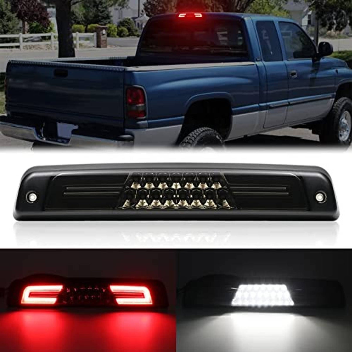 Smoked LED third brake light replacement, black unit shown on pickup rear panel