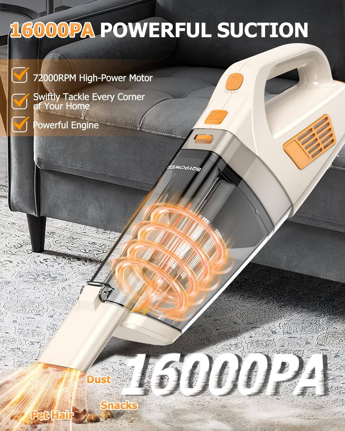 RivetOak BQYPOWER Handheld Vacuum Cordless, 16000PA Strong Suction Hand Beige/Orange